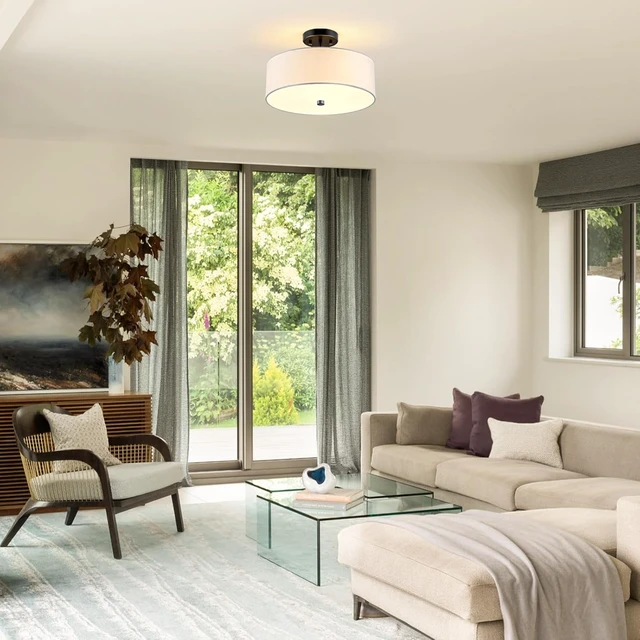 Alt view image 6 of 7 - 3-Light Semi Flush Mount Ceiling Light Fixture, 13" Black Drum Light, Modern Close to Ceiling Light with White Fabric Shade Lamps for Bedroom Living Dining Room Kitchen Hallway Entryway