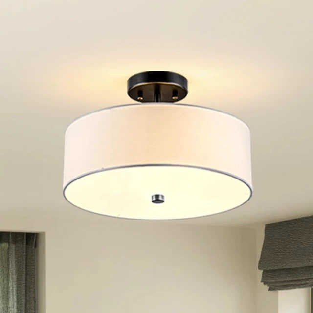 Alt view image 7 of 7 - 3-Light Semi Flush Mount Ceiling Light Fixture, 13" Black Drum Light, Modern Close to Ceiling Light with White Fabric Shade Lamps for Bedroom Living Dining Room Kitchen Hallway Entryway