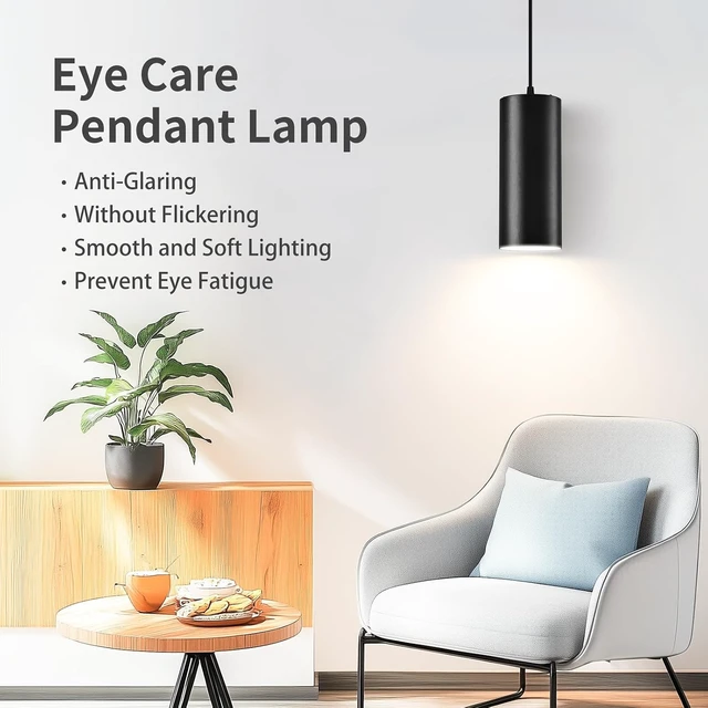 Alt view image 2 of 7 - 4" Pendant Lights Kitchen Island, 25W Cylinder Hanging Lights with Dipswitch, Modern Eye Care Led Pendant Lamp fixtures for Bedroom, Living Room, Office (Black, 2 Pcs)