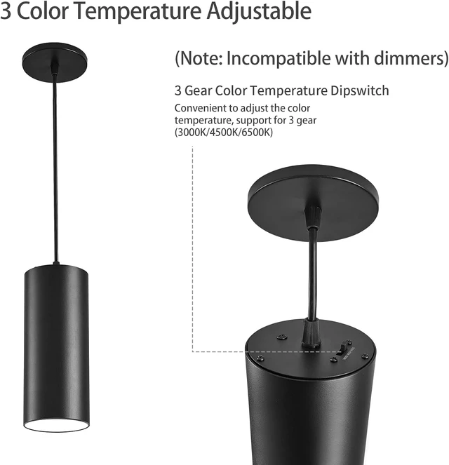 Alt view image 5 of 7 - 4" Pendant Lights Kitchen Island, 25W Cylinder Hanging Lights with Dipswitch, Modern Eye Care Led Pendant Lamp fixtures for Bedroom, Living Room, Office (Black, 2 Pcs)