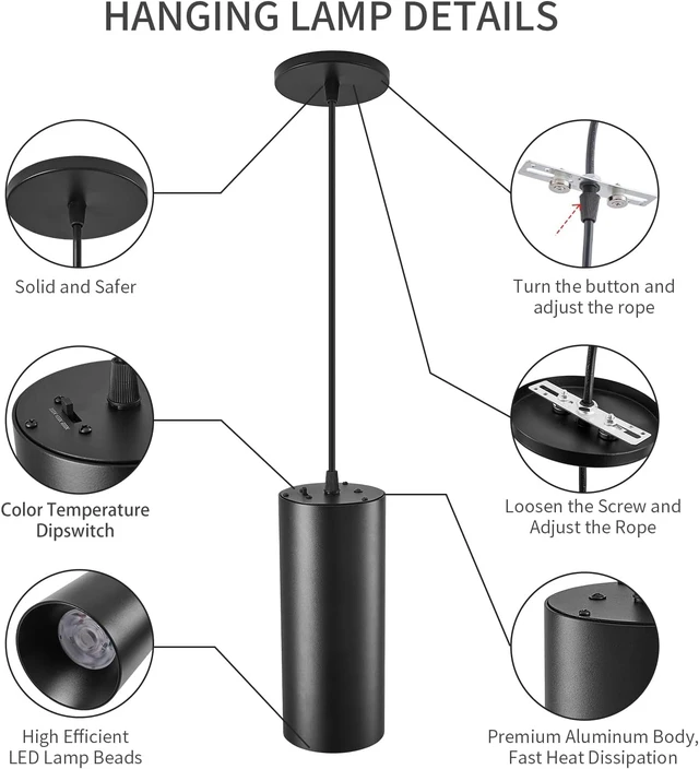 Alt view image 6 of 7 - 4" Pendant Lights Kitchen Island, 25W Cylinder Hanging Lights with Dipswitch, Modern Eye Care Led Pendant Lamp fixtures for Bedroom, Living Room, Office (Black, 2 Pcs)