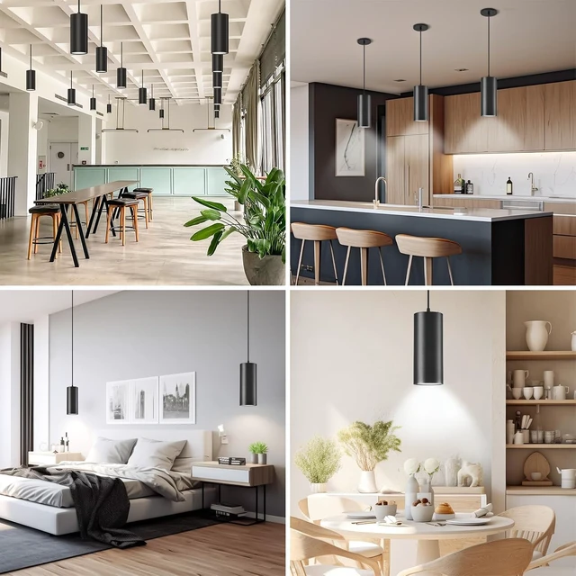 Alt view image 7 of 7 - 4" Pendant Lights Kitchen Island, 25W Cylinder Hanging Lights with Dipswitch, Modern Eye Care Led Pendant Lamp fixtures for Bedroom, Living Room, Office (Black, 2 Pcs)