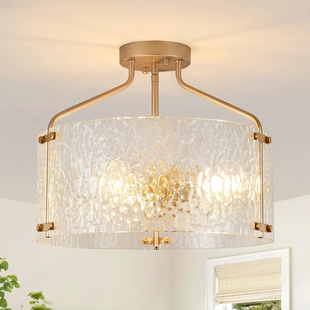 Main image of Semi Flush Mount Ceiling Light Fixture Glass Drum Chandelier Entryway Light Fixture 16''Gold Flush Mount Ceiling Lights 3-Light Foyer Lighting fixtures for Living Room Hallway Bedroom