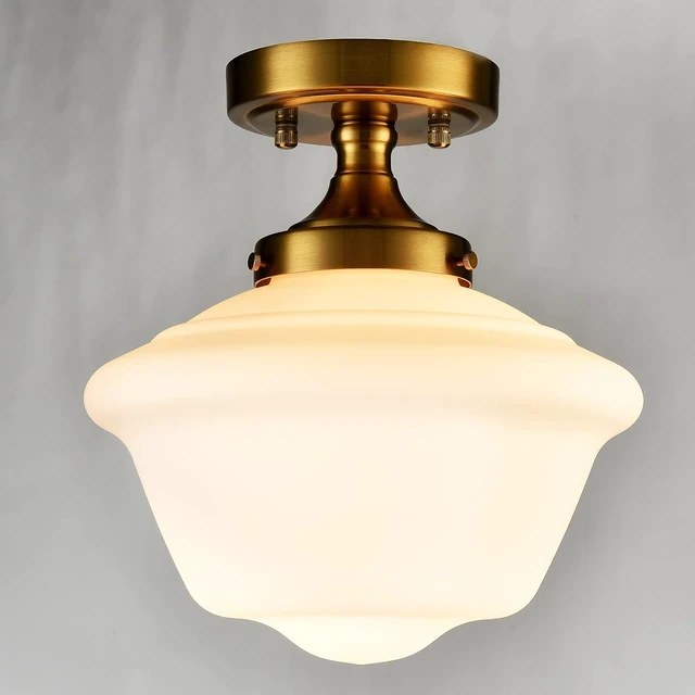 Alt view image 6 of 6 - SAMTEEN Gold Semi Flush Mount Ceiling Light Modern Schoolhouse Ceiling Light Fixture Milk White Glass Flush Mount Light for Hallway Bedroom Kitchen Living Room, 10 Inches