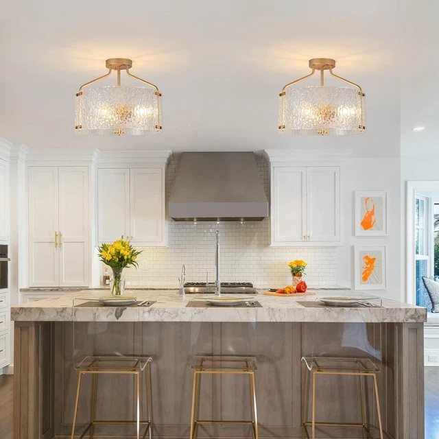 Alt view image 2 of 7 - Semi Flush Mount Ceiling Light Fixture Glass Drum Chandelier Entryway Light Fixture 16''Gold Flush Mount Ceiling Lights 3-Light Foyer Lighting fixtures for Living Room Hallway Bedroom