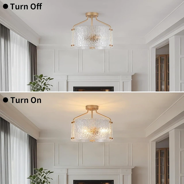 Alt view image 4 of 7 - Semi Flush Mount Ceiling Light Fixture Glass Drum Chandelier Entryway Light Fixture 16''Gold Flush Mount Ceiling Lights 3-Light Foyer Lighting fixtures for Living Room Hallway Bedroom