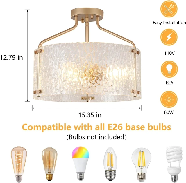 Alt view image 5 of 7 - Semi Flush Mount Ceiling Light Fixture Glass Drum Chandelier Entryway Light Fixture 16''Gold Flush Mount Ceiling Lights 3-Light Foyer Lighting fixtures for Living Room Hallway Bedroom