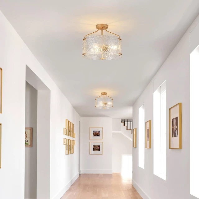 Alt view image 6 of 7 - Semi Flush Mount Ceiling Light Fixture Glass Drum Chandelier Entryway Light Fixture 16''Gold Flush Mount Ceiling Lights 3-Light Foyer Lighting fixtures for Living Room Hallway Bedroom