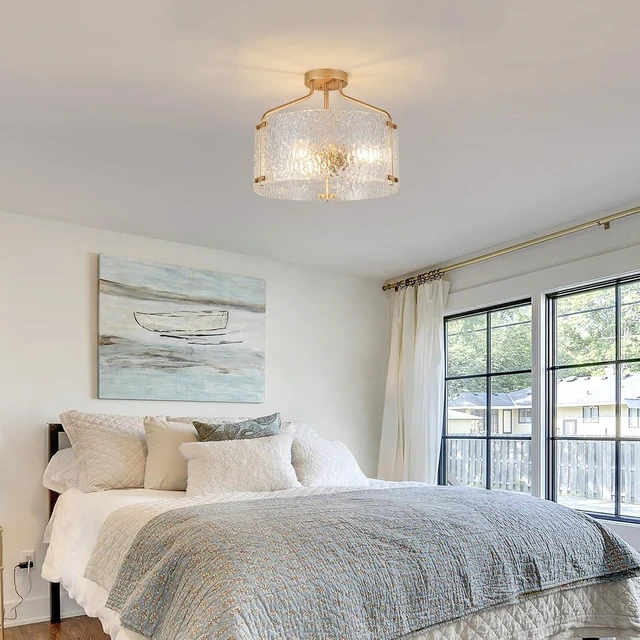 Alt view image 7 of 7 - Semi Flush Mount Ceiling Light Fixture Glass Drum Chandelier Entryway Light Fixture 16''Gold Flush Mount Ceiling Lights 3-Light Foyer Lighting fixtures for Living Room Hallway Bedroom