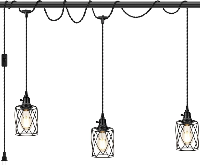 Main image of 3-Light Plug in Pendant Light, 19FT Hanging Lights with Plug in Cord and On/Off Switch, Industrial Twisted Black Rope Hanging Pendant Fixtures with Metal Shade for Dining Room Kitchen Bedroom