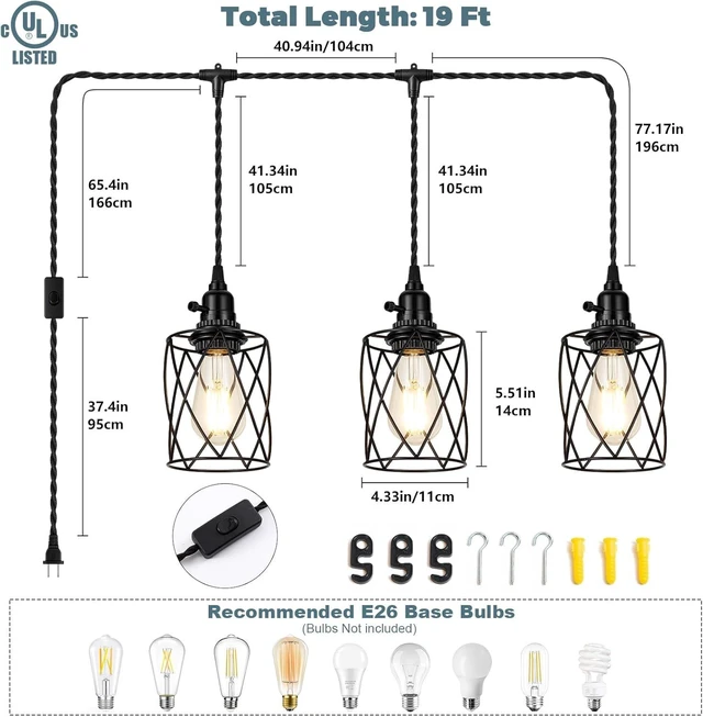 Alt view image 2 of 7 - 3-Light Plug in Pendant Light, 19FT Hanging Lights with Plug in Cord and On/Off Switch, Industrial Twisted Black Rope Hanging Pendant Fixtures with Metal Shade for Dining Room Kitchen Bedroom