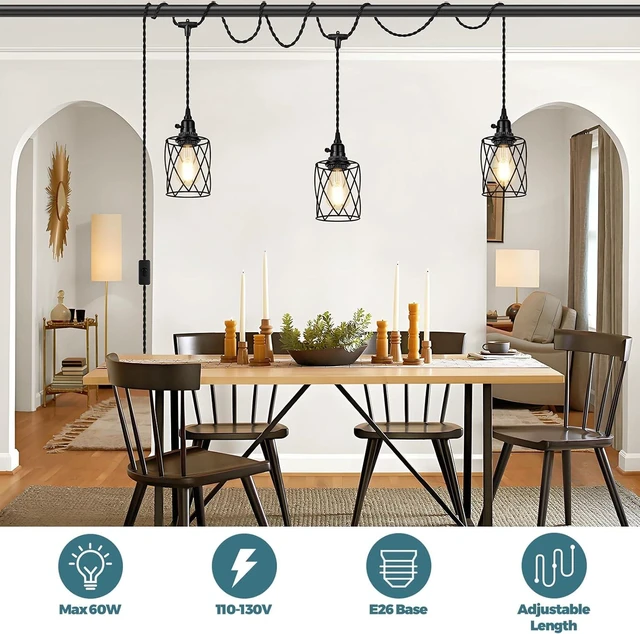 Alt view image 5 of 7 - 3-Light Plug in Pendant Light, 19FT Hanging Lights with Plug in Cord and On/Off Switch, Industrial Twisted Black Rope Hanging Pendant Fixtures with Metal Shade for Dining Room Kitchen Bedroom