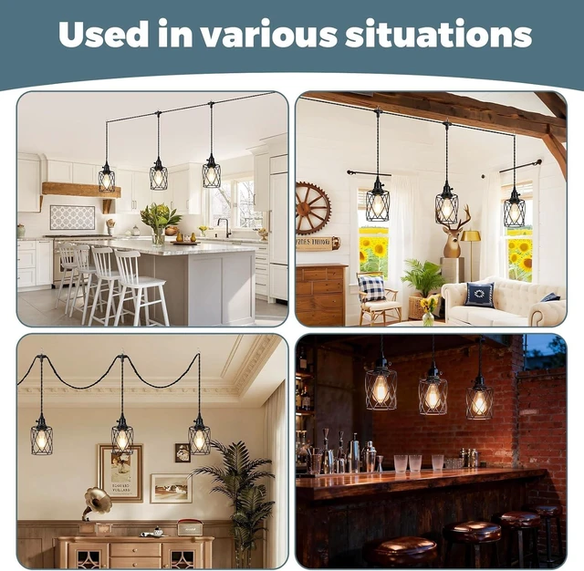 Alt view image 7 of 7 - 3-Light Plug in Pendant Light, 19FT Hanging Lights with Plug in Cord and On/Off Switch, Industrial Twisted Black Rope Hanging Pendant Fixtures with Metal Shade for Dining Room Kitchen Bedroom