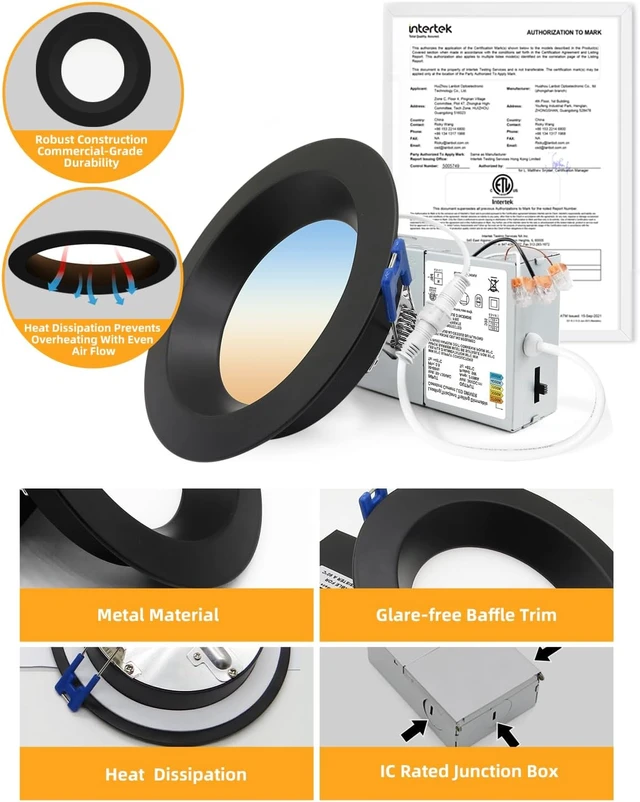 Alt view image 5 of 7 - Adetu 6Pack 4 Inch Black Anti-Glare LED Downlight, Ceiling Light, Round
