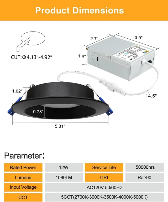 Alt view image 6 of 7 - Adetu 6Pack 4 Inch Black Anti-Glare LED Downlight, Ceiling Light, Round