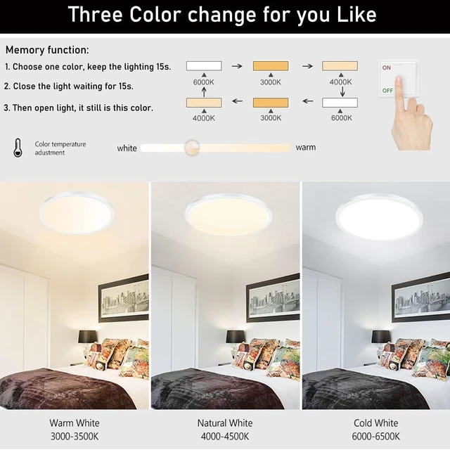 Alt view image 2 of 7 - 6Pack 12Inch 3200LM LED Ceiling Light,28W 3 Color Changeable (3000K/4000K/6000K),120V Slim Surface Mount Ceiling Lights Fixture for Kitchen Bedroom Living Room