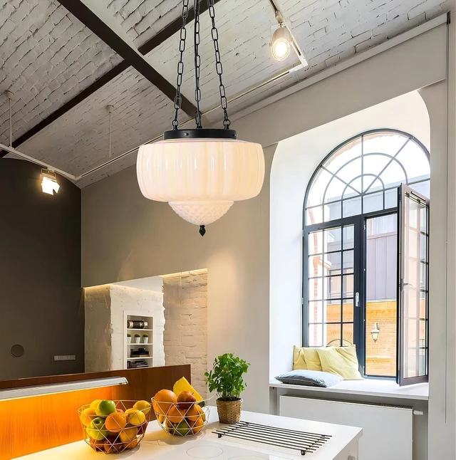 Alt view image 3 of 7 - FCTWAKS Large Milk Glass Pendant Light, 14" Mid Century Modern Schoolhouse Ceiling Light Fixture, Vintage Chandelier for Bedroom, Dining Room, Hallway, Kitchen Island, Bulb Included, White