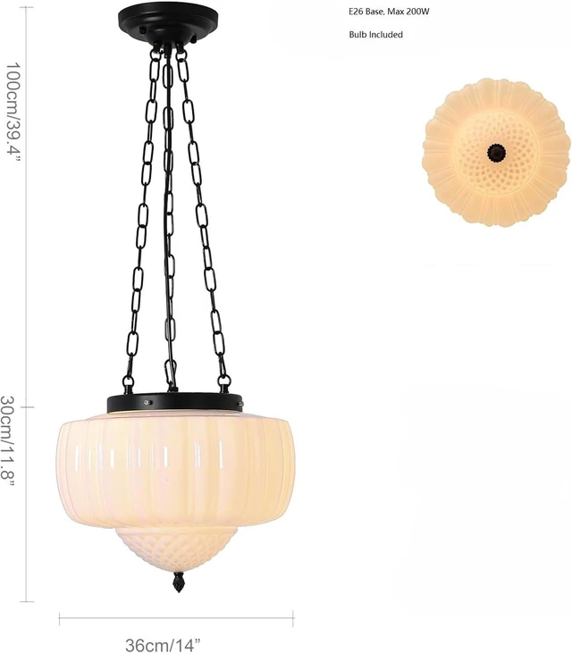 Alt view image 4 of 7 - FCTWAKS Large Milk Glass Pendant Light, 14" Mid Century Modern Schoolhouse Ceiling Light Fixture, Vintage Chandelier for Bedroom, Dining Room, Hallway, Kitchen Island, Bulb Included, White
