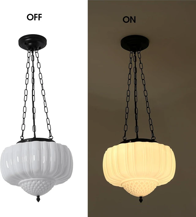 Alt view image 5 of 7 - FCTWAKS Large Milk Glass Pendant Light, 14" Mid Century Modern Schoolhouse Ceiling Light Fixture, Vintage Chandelier for Bedroom, Dining Room, Hallway, Kitchen Island, Bulb Included, White