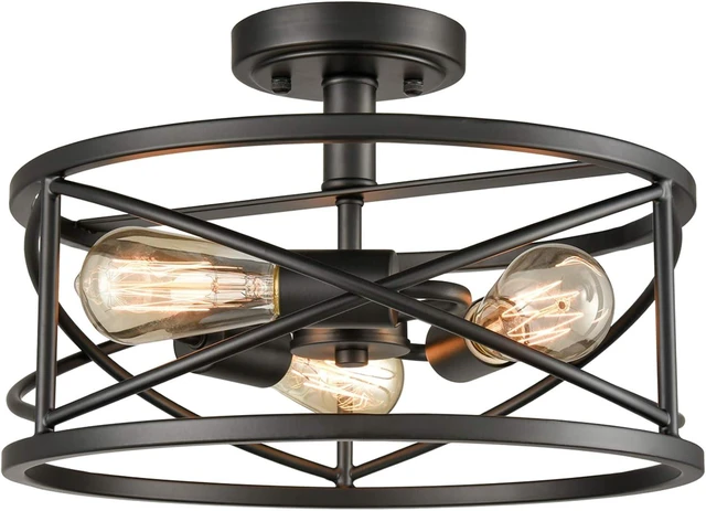 Main image of DAYCENT Farmhouse Black Ceiling Light 3-Light Rustic Metal Caged Hallway Light Fixtures Industrial Style Semi Flush Mount Drum Light for Bedroom Foyer Entryway