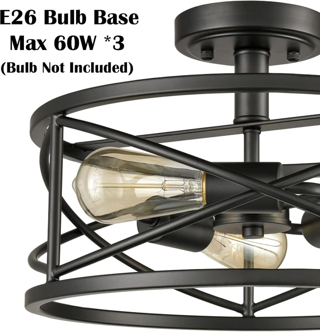 Alt view image 3 of 7 - DAYCENT Farmhouse Black Ceiling Light 3-Light Rustic Metal Caged Hallway Light Fixtures Industrial Style Semi Flush Mount Drum Light for Bedroom Foyer Entryway