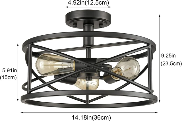 Alt view image 5 of 7 - DAYCENT Farmhouse Black Ceiling Light 3-Light Rustic Metal Caged Hallway Light Fixtures Industrial Style Semi Flush Mount Drum Light for Bedroom Foyer Entryway