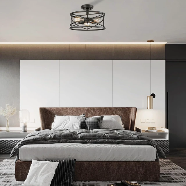 Alt view image 7 of 7 - DAYCENT Farmhouse Black Ceiling Light 3-Light Rustic Metal Caged Hallway Light Fixtures Industrial Style Semi Flush Mount Drum Light for Bedroom Foyer Entryway