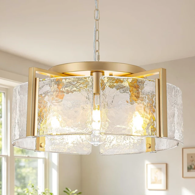 Main image of Glass Modern Chandeliers for Dining Room 20.47 Large Gold Farmhouse Chandelier 4 Lights Round Pendant Light Fixtures Hanging Drum Chandelier for Foyer Entryway Kitchen Island Over Table Living Room