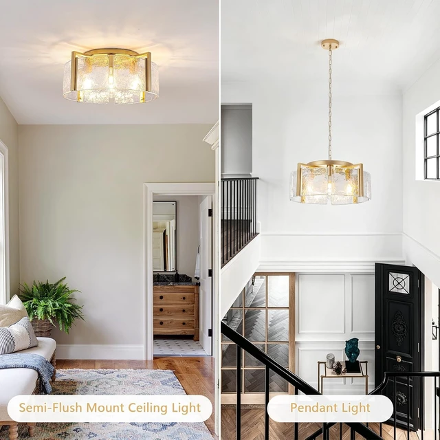 Alt view image 2 of 7 - Glass Modern Chandeliers for Dining Room 20.47 Large Gold Farmhouse Chandelier 4 Lights Round Pendant Light Fixtures Hanging Drum Chandelier for Foyer Entryway Kitchen Island Over Table Living Room