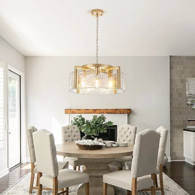 Alt view image 3 of 7 - Glass Modern Chandeliers for Dining Room 20.47 Large Gold Farmhouse Chandelier 4 Lights Round Pendant Light Fixtures Hanging Drum Chandelier for Foyer Entryway Kitchen Island Over Table Living Room