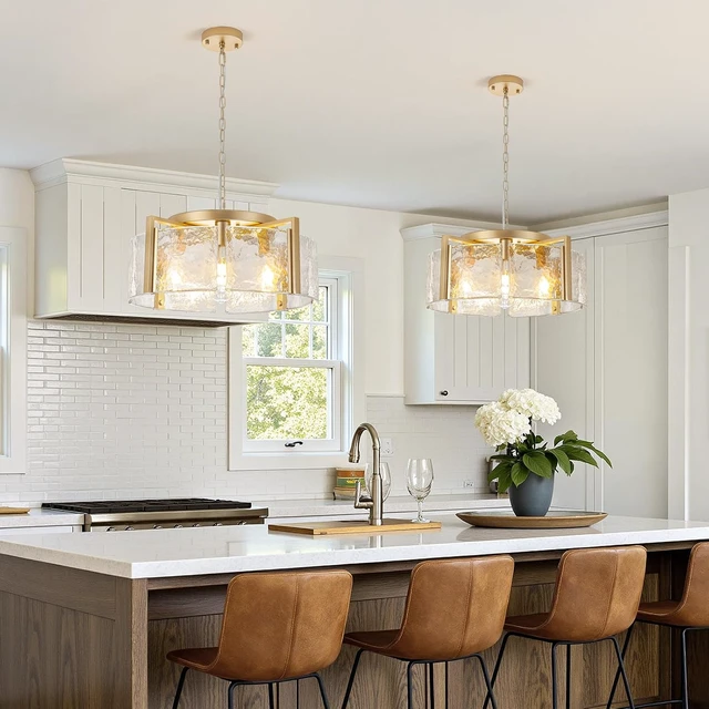 Alt view image 4 of 7 - Glass Modern Chandeliers for Dining Room 20.47 Large Gold Farmhouse Chandelier 4 Lights Round Pendant Light Fixtures Hanging Drum Chandelier for Foyer Entryway Kitchen Island Over Table Living Room