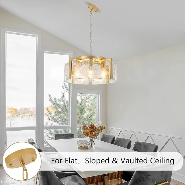 Alt view image 5 of 7 - Glass Modern Chandeliers for Dining Room 20.47 Large Gold Farmhouse Chandelier 4 Lights Round Pendant Light Fixtures Hanging Drum Chandelier for Foyer Entryway Kitchen Island Over Table Living Room