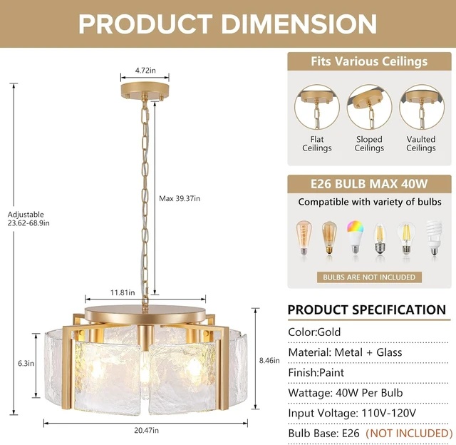 Alt view image 6 of 7 - Glass Modern Chandeliers for Dining Room 20.47 Large Gold Farmhouse Chandelier 4 Lights Round Pendant Light Fixtures Hanging Drum Chandelier for Foyer Entryway Kitchen Island Over Table Living Room