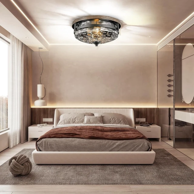 Alt view image 2 of 7 - Edwarmlux Flush Mount Ceiling Lights, 2-Light Farmhouse Close to Ceiling Light, Industrial Ceiling Lighting Fixture for Kitchen Hallway Bedroom Living Room Stairways Porch (Water Ripple Glass)