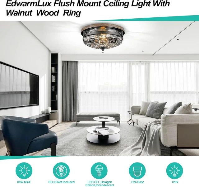 Alt view image 4 of 7 - Edwarmlux Flush Mount Ceiling Lights, 2-Light Farmhouse Close to Ceiling Light, Industrial Ceiling Lighting Fixture for Kitchen Hallway Bedroom Living Room Stairways Porch (Water Ripple Glass)