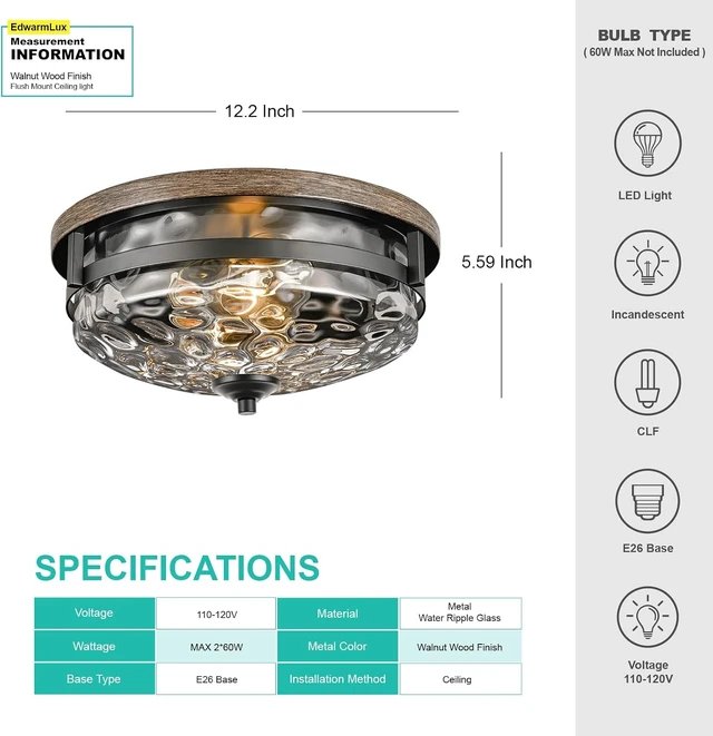 Alt view image 5 of 7 - Edwarmlux Flush Mount Ceiling Lights, 2-Light Farmhouse Close to Ceiling Light, Industrial Ceiling Lighting Fixture for Kitchen Hallway Bedroom Living Room Stairways Porch (Water Ripple Glass)