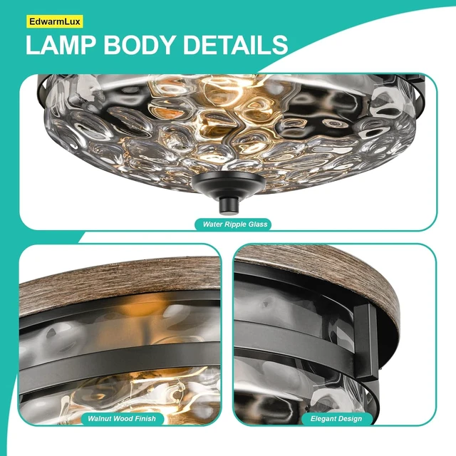 Alt view image 6 of 7 - Edwarmlux Flush Mount Ceiling Lights, 2-Light Farmhouse Close to Ceiling Light, Industrial Ceiling Lighting Fixture for Kitchen Hallway Bedroom Living Room Stairways Porch (Water Ripple Glass)