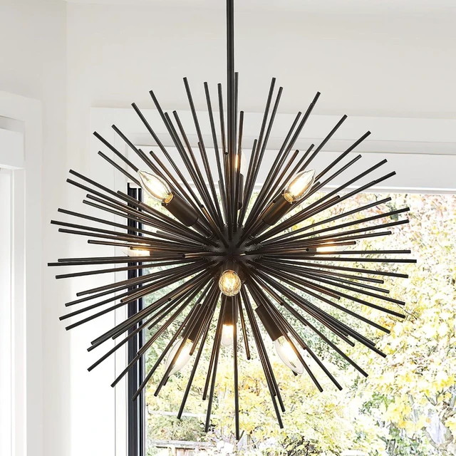 Main image of 23.6" 9-Light Black Sputnik Chandelier Modern Industrial Adjustable Firework Globe Ceiling Fixture for Living Room, Entryway, Dining, Bedroom, Hallway, Stairway
