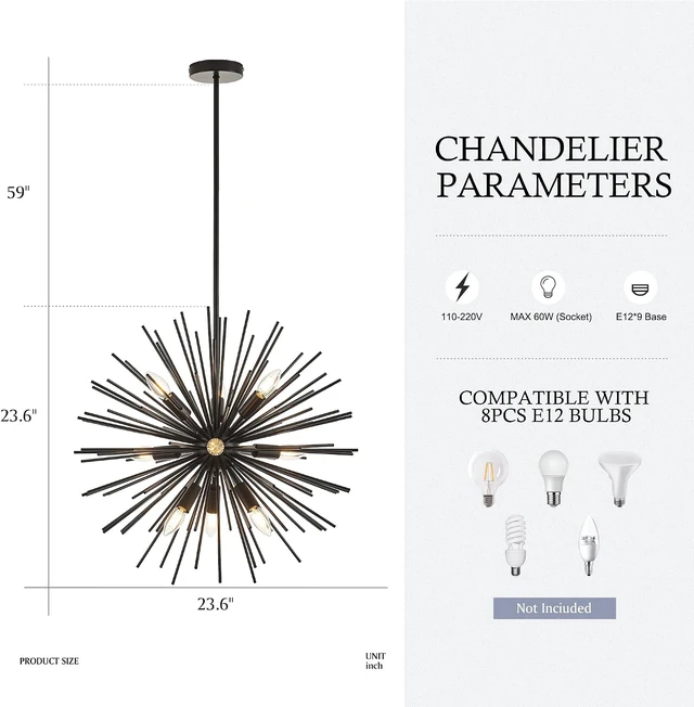 Alt view image 2 of 7 - 23.6" 9-Light Black Sputnik Chandelier Modern Industrial Adjustable Firework Globe Ceiling Fixture for Living Room, Entryway, Dining, Bedroom, Hallway, Stairway