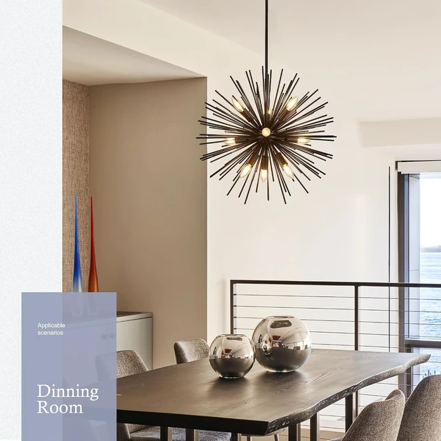 Alt view image 3 of 7 - 23.6" 9-Light Black Sputnik Chandelier Modern Industrial Adjustable Firework Globe Ceiling Fixture for Living Room, Entryway, Dining, Bedroom, Hallway, Stairway