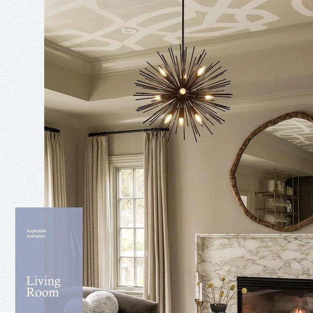Alt view image 4 of 7 - 23.6" 9-Light Black Sputnik Chandelier Modern Industrial Adjustable Firework Globe Ceiling Fixture for Living Room, Entryway, Dining, Bedroom, Hallway, Stairway