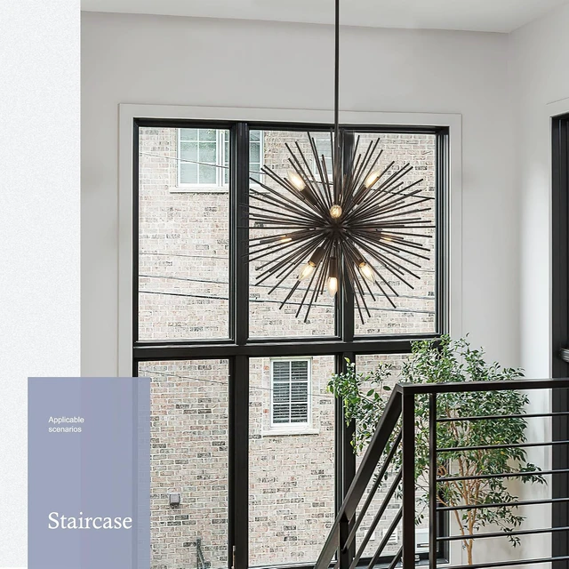 Alt view image 5 of 7 - 23.6" 9-Light Black Sputnik Chandelier Modern Industrial Adjustable Firework Globe Ceiling Fixture for Living Room, Entryway, Dining, Bedroom, Hallway, Stairway