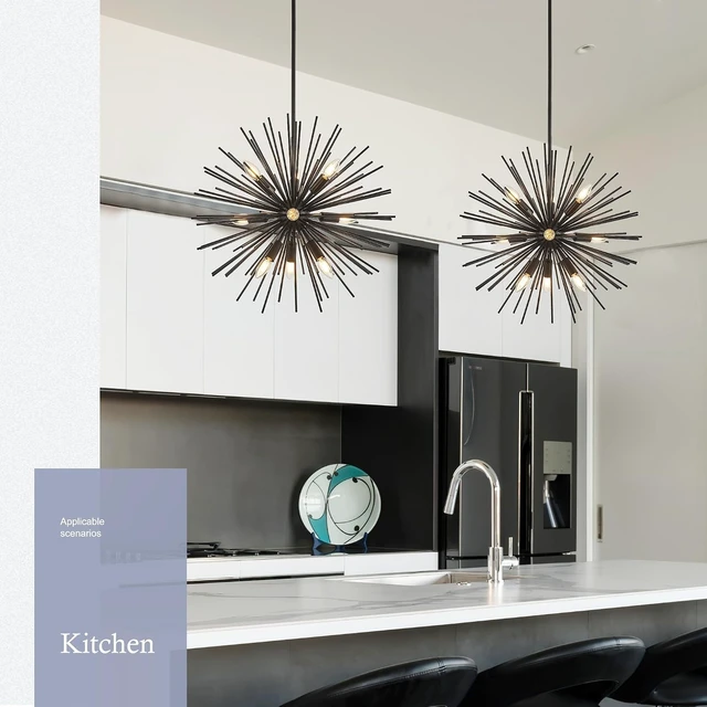 Alt view image 6 of 7 - 23.6" 9-Light Black Sputnik Chandelier Modern Industrial Adjustable Firework Globe Ceiling Fixture for Living Room, Entryway, Dining, Bedroom, Hallway, Stairway