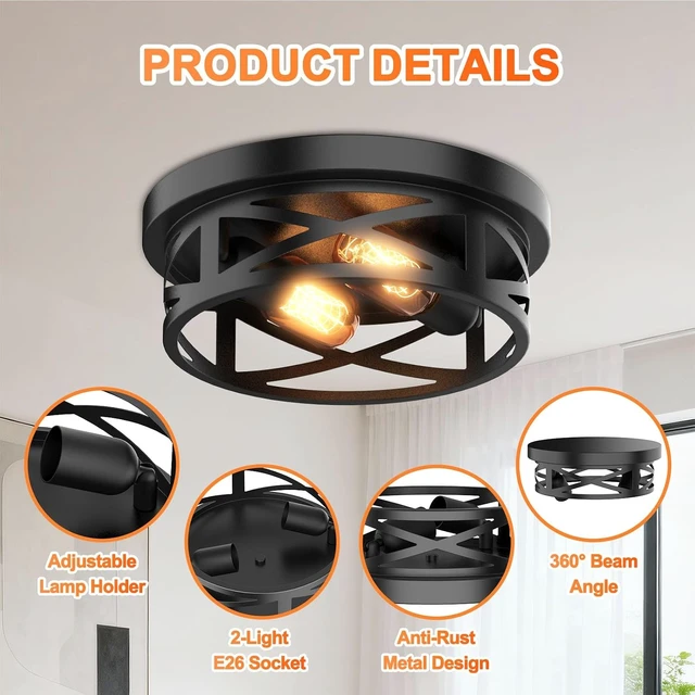 Alt view image 4 of 7 - Flush Mount Ceiling Light Fixture - 2 Light Modern Farmhouse Close to Ceiling Light Fixtures 10.63inch for Hallway, Kitchen, Entryway, Bedroom, E26 Socket