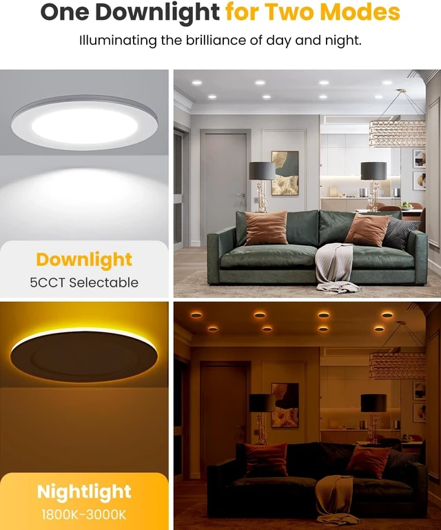 Alt view image 2 of 7 - Recessed Ceiling Lighting 4 Inch - with Night Light, 750LM Dimmable Downlight, 9W 5CCT 2700K-6000K & 3W 1800K-3000K, Canless Wafer Downlight Ultra Thin, 4inch 6P Brushed Nickel
