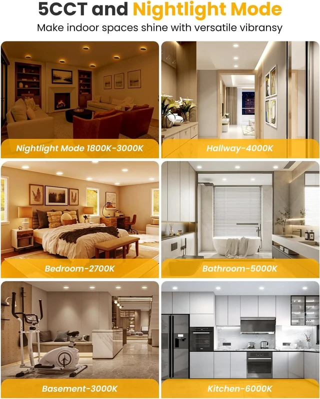 Alt view image 4 of 7 - Recessed Ceiling Lighting 4 Inch - with Night Light, 750LM Dimmable Downlight, 9W 5CCT 2700K-6000K & 3W 1800K-3000K, Canless Wafer Downlight Ultra Thin, 4inch 6P Brushed Nickel