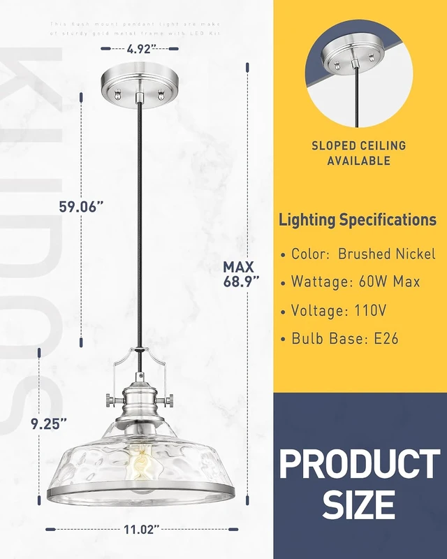 Alt view image 2 of 7 - kudos 11 Inch Brushed Nickel Pendant Lights with Hammered Glass,KDPL13-BN-H