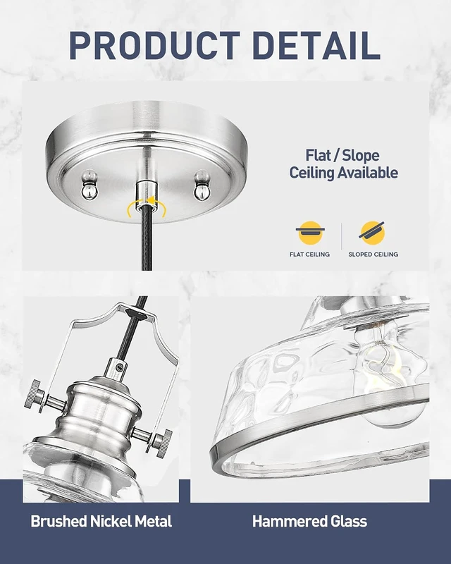 Alt view image 3 of 7 - kudos 11 Inch Brushed Nickel Pendant Lights with Hammered Glass,KDPL13-BN-H