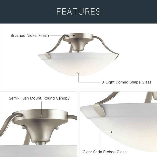 Alt view image 4 of 7 - Kichler 15.5" 3-Light Semi-Flush Mount Light, Brushed Nickel