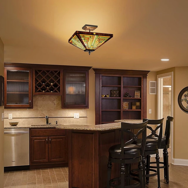 Alt view image 7 of 7 - Capulina Tiffany Lamp Amber Brown Stained Glass Ceiling Light 2-Light
